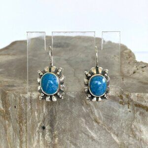 Sterling Silver 925 Thai Oval Bezel Set Denim Lapis Dangle Drop Earrings